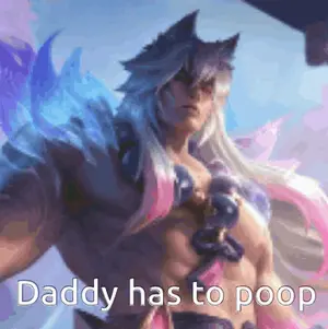 Daddy Has To Poop Is Written On A Picture Of A Man With Long Hair .