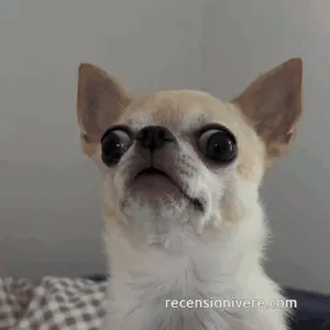 A Close Up Of A Chihuahua With A Reviewionivere.Com Website Behind It