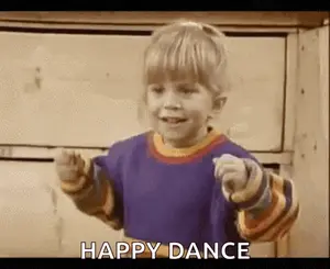 A Little Boy Is Dancing And Pointing At The Camera With The Words `` Happy Dance '' Written Below Him .