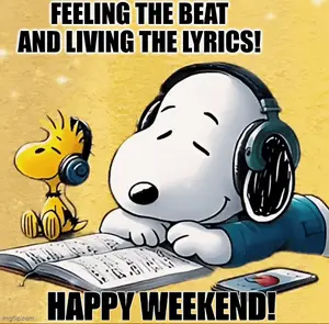 Snoopy Is Wearing Headphones And Reading A Book While Woodstock Sits Behind Him