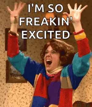A Woman With Her Arms In The Air And The Words I 'M So Freakin ' Excited