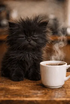 A Fluffy Black Cat Sits Next To A Cup Of Steaming Coffee