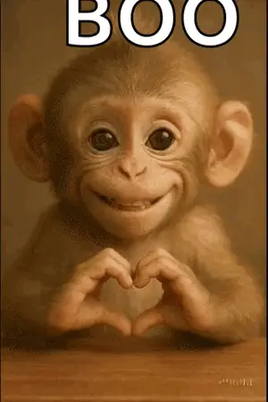 A Monkey Making A Heart Shape With Its Hands With The Word Boo Above It