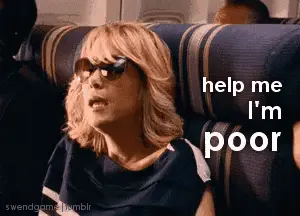 A Woman Sitting On An Airplane With The Words Help Me I 'M Poor Above Her