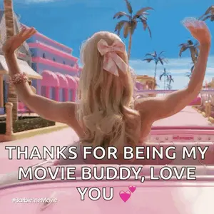 A Woman In A Pink Car With Her Arms Outstretched Says Thanks For Being My Movie Buddy , Love You