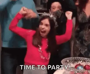 A Girl In A Red Sweater Is Celebrating With Her Arms In The Air And The Words `` Time To Party '' .