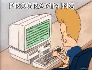 A Cartoon Of A Man Typing On A Computer With The Word Programming Written Above Him