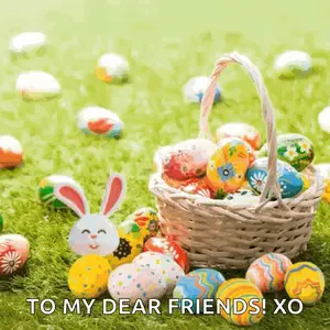 A Basket Filled With Easter Eggs And A Bunny On The Grass With The Words To My Dear Friends ! Xo