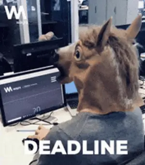 A Man Wearing A Horse Mask Is Sitting At A Desk In Front Of A Computer With The Word Deadline Below Him
