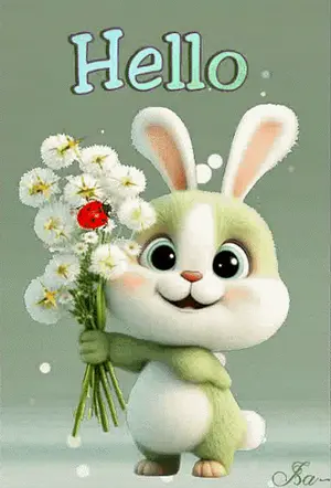 A Cartoon Bunny Holding A Bouquet Of Flowers With A Ladybug On It And The Word Hello Above It
