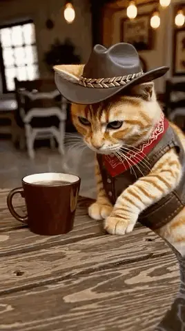 A Cat Wearing A Cowboy Hat Is Sitting At A Table Next To A Cup Of Coffee .