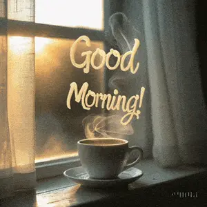 A Cup Of Coffee Is Sitting On A Window Sill With The Words Good Morning Written Above It