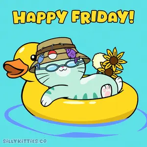A Cat Wearing A Hat And Sunglasses Is Floating On A Rubber Duck With The Words Happy Friday Below It