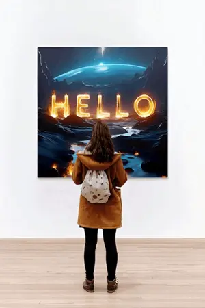 A Woman Looking At A Painting That Says Hello On It