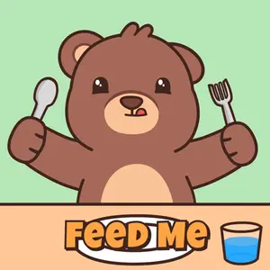 A Teddy Bear Is Sitting At A Table Holding A Spoon And Fork And Says Feed Me