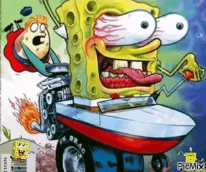 A Cartoon Of Spongebob Driving A Boat With The Words Picmix On The Bottom