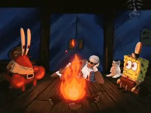 A Group Of Cartoon Characters Including Spongebob And Krabby Krabs Are Sitting Around A Campfire