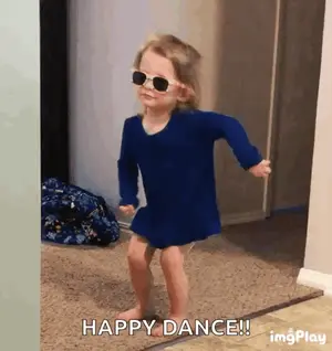 A Little Girl Wearing Sunglasses And A Blue Dress Is Dancing With The Caption Happy Dance .