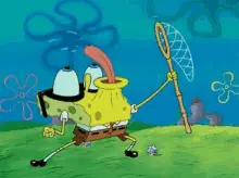 A Cartoon Of Spongebob Holding A Fishing Net With His Tongue Sticking Out