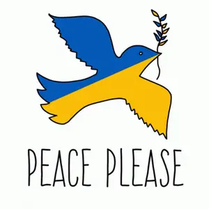 A Blue And Yellow Bird With A Branch In Its Beak And The Words " Peace Please " Below It