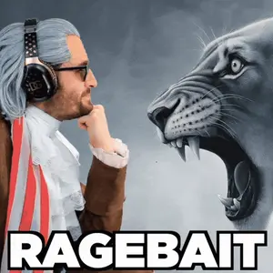 A Man Wearing Headphones Stands In Front Of A Painting Of A Lion With The Words " Ragebait " Below Him