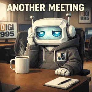 A Robot Is Sitting At A Desk With A Cup Of Coffee And A Notebook With The Words Another Meeting Above Him