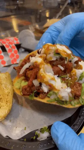 A Person Wearing Blue Gloves Is Holding A Taco On A Paper Plate