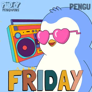 A Penguin Wearing Heart Shaped Sunglasses Stands In Front Of A Boombox With The Word Friday Below It