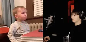 A Baby Is Sitting At A Table Next To A Boy Wearing Headphones .