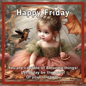 A Painting Of A Little Girl Holding An Umbrella And A Hummingbird Says Happy Friday