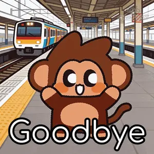 A Cartoon Of A Monkey Saying Goodbye With A Train In The Background