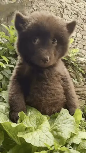 A Brown Bear Cub Sitting On A Green Leaf Looking At The Camera