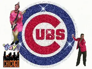 A Chicago Cubs Logo With A Clown And A Man In Front Of It