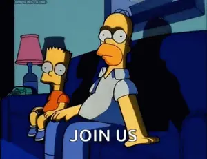 A Cartoon Of Homer Simpson And Bart Simpson Sitting On A Couch With The Words Join Us Above Them .