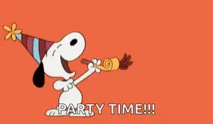 Snoopy Is Wearing A Party Hat And Blowing A Party Horn