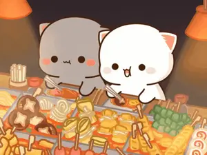 Two Cartoon Cats Are Sitting At A Table With Food