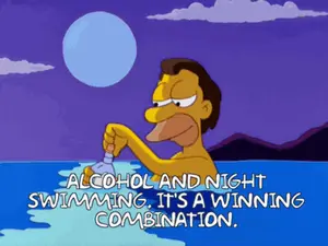 A Cartoon Of Homer Simpson In The Ocean Says Alcohol And Night Swimming