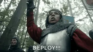 A Man In A Knight 'S Armor Is Standing In The Woods Holding A Sword And Shouting .