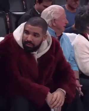 A Man Wearing A Red Fur Coat Is Sitting In A Stadium With Other People .