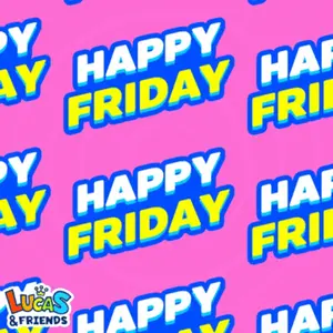 A Pink Background With Happy Friday Written In Blue