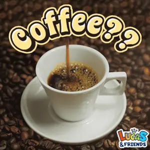 A Cup Of Coffee On A Saucer With Lucas And Friends Written On The Bottom