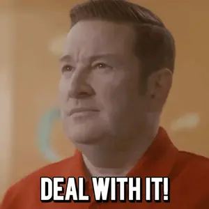 A Man In A Red Shirt Has The Words Deal With It Written On His Face