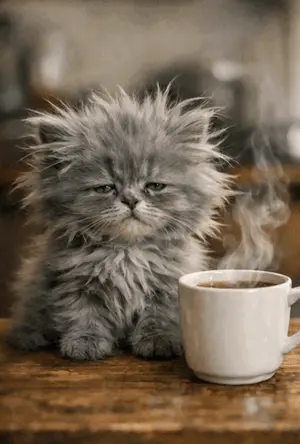 A Fluffy Cat Sits Next To A Cup Of Coffee