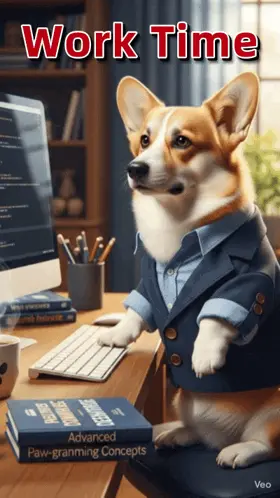 A Dog In A Suit Is Sitting At A Desk In Front Of A Computer And A Stack Of Books Titled Work Time