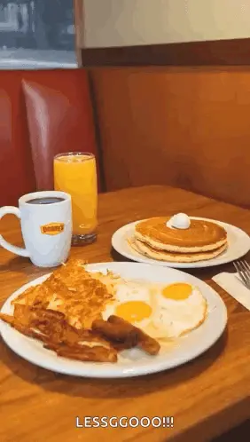 A Table Topped With Plates Of Food Including Pancakes Eggs Bacon And Coffee ..