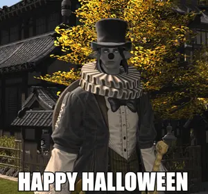 A Man In A Clown Costume Is Standing In Front Of A Building With The Words Happy Halloween Below Him
