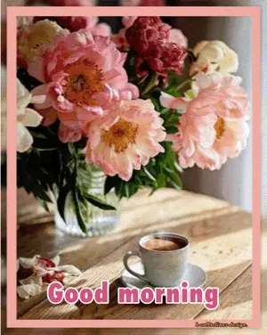 A Bouquet Of Pink Flowers And A Cup Of Coffee On A Wooden Table With The Words Good Morning