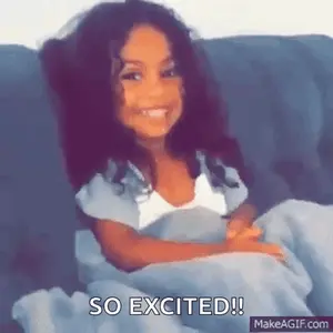 A Little Girl Is Sitting On A Couch And Smiling With The Words `` So Excited '' .