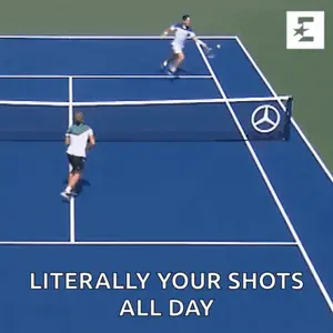 Two Tennis Players On A Blue Court With The Words Literally Your Shots All Day Below Them