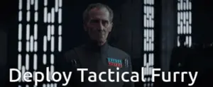 A Man Is Standing In Front Of A Window With The Words Deploy Tactical Furry Written On It